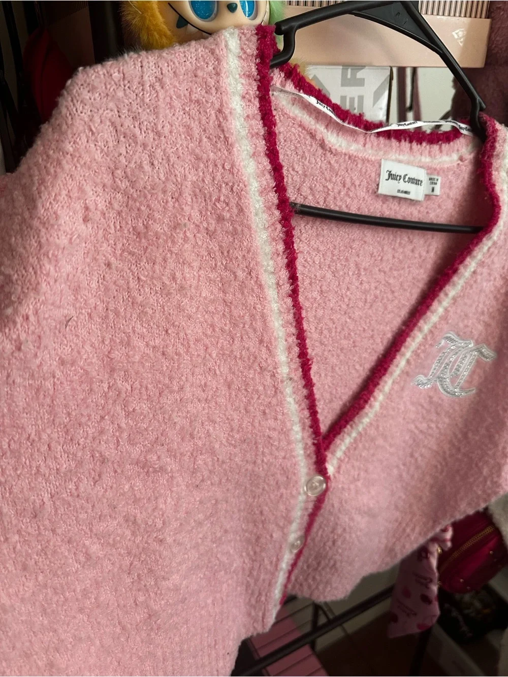 Juicy Couture Pink Cropped V-Neck Cardigan with White Sleeves